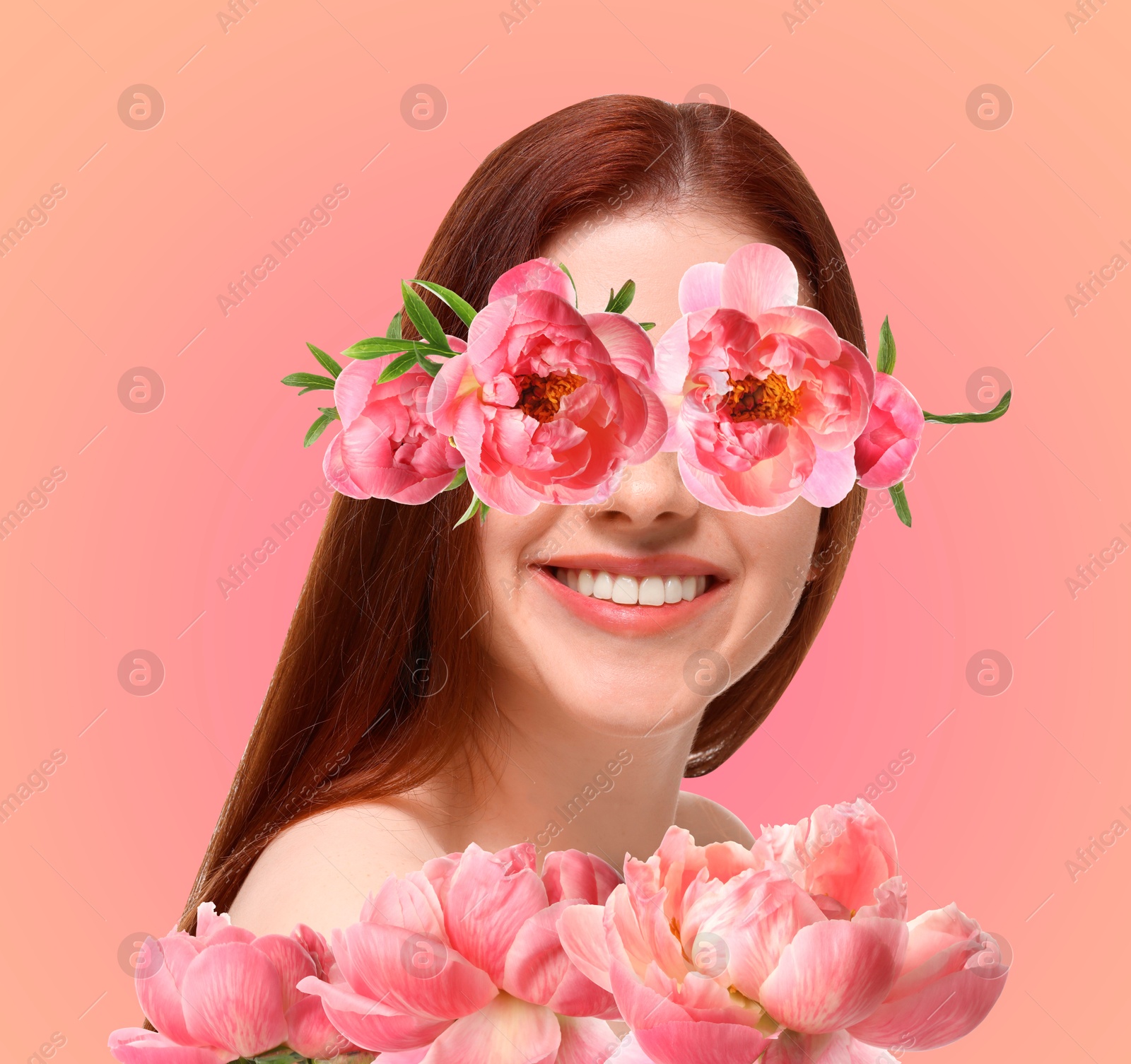 Image of Art collage with woman and peony flowers on pink background