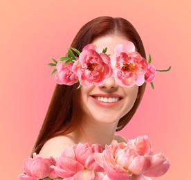 Art collage with woman and peony flowers on pink background