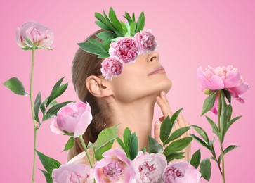 Art collage with woman and peony flowers on pink background