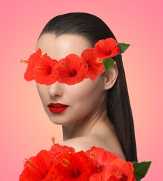 Image of Art collage with woman and red hibiscus flowers on pink background