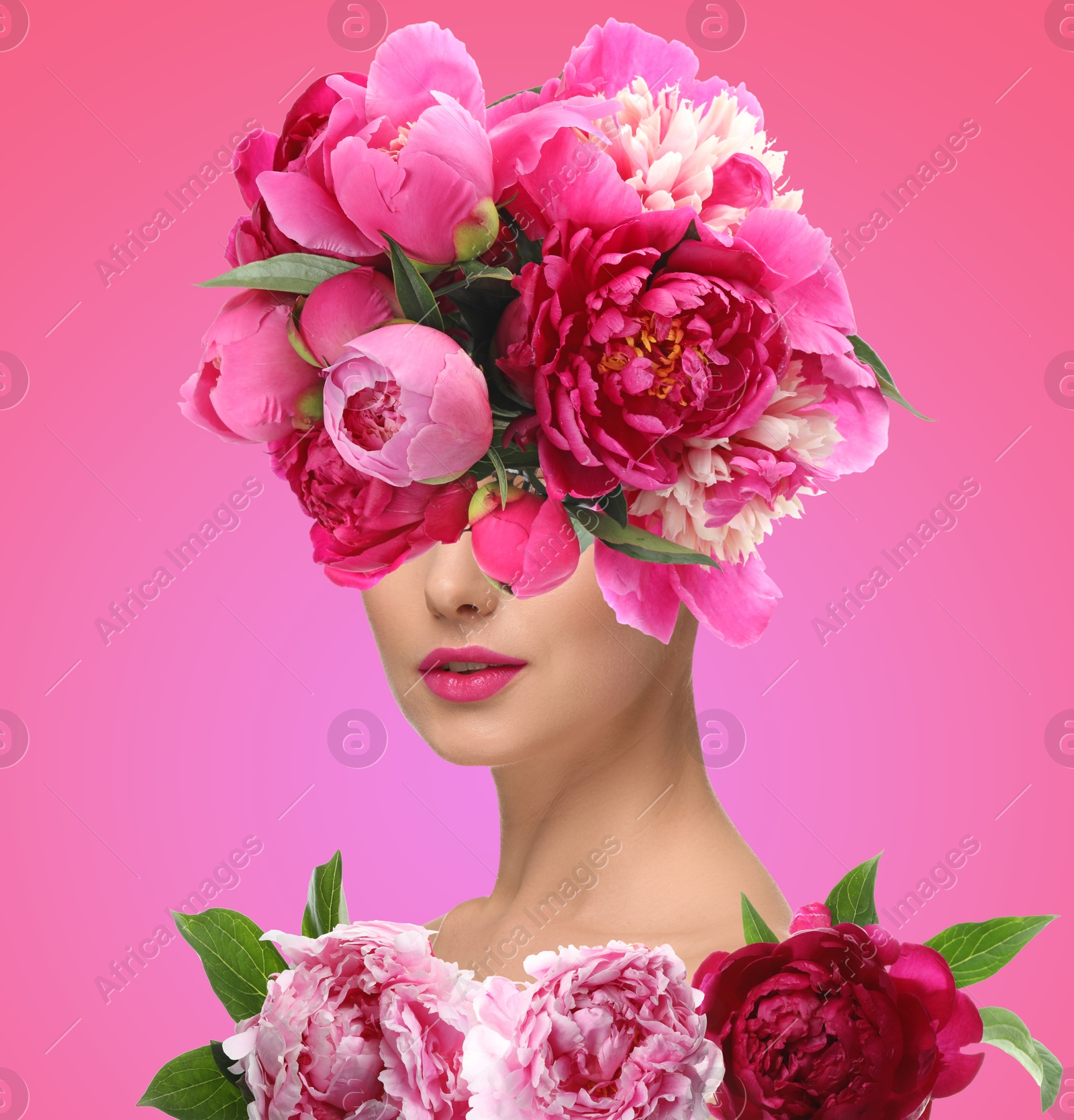 Image of Art collage with woman and peony flowers on pink background