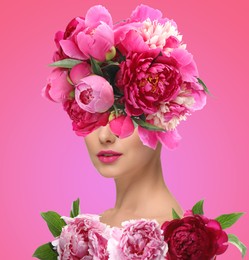 Image of Art collage with woman and peony flowers on pink background