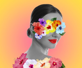 Image of Black and white portrait of woman with bright flowers on color gradient background, beautiful art collage