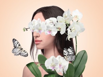 Image of Art collage with woman, butterflies and orchid flowers on beige background
