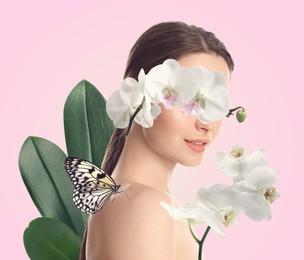 Image of Art collage with woman, butterfly and orchid flowers on pink beige background