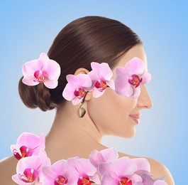 Art collage with woman and orchid flowers on light blue background