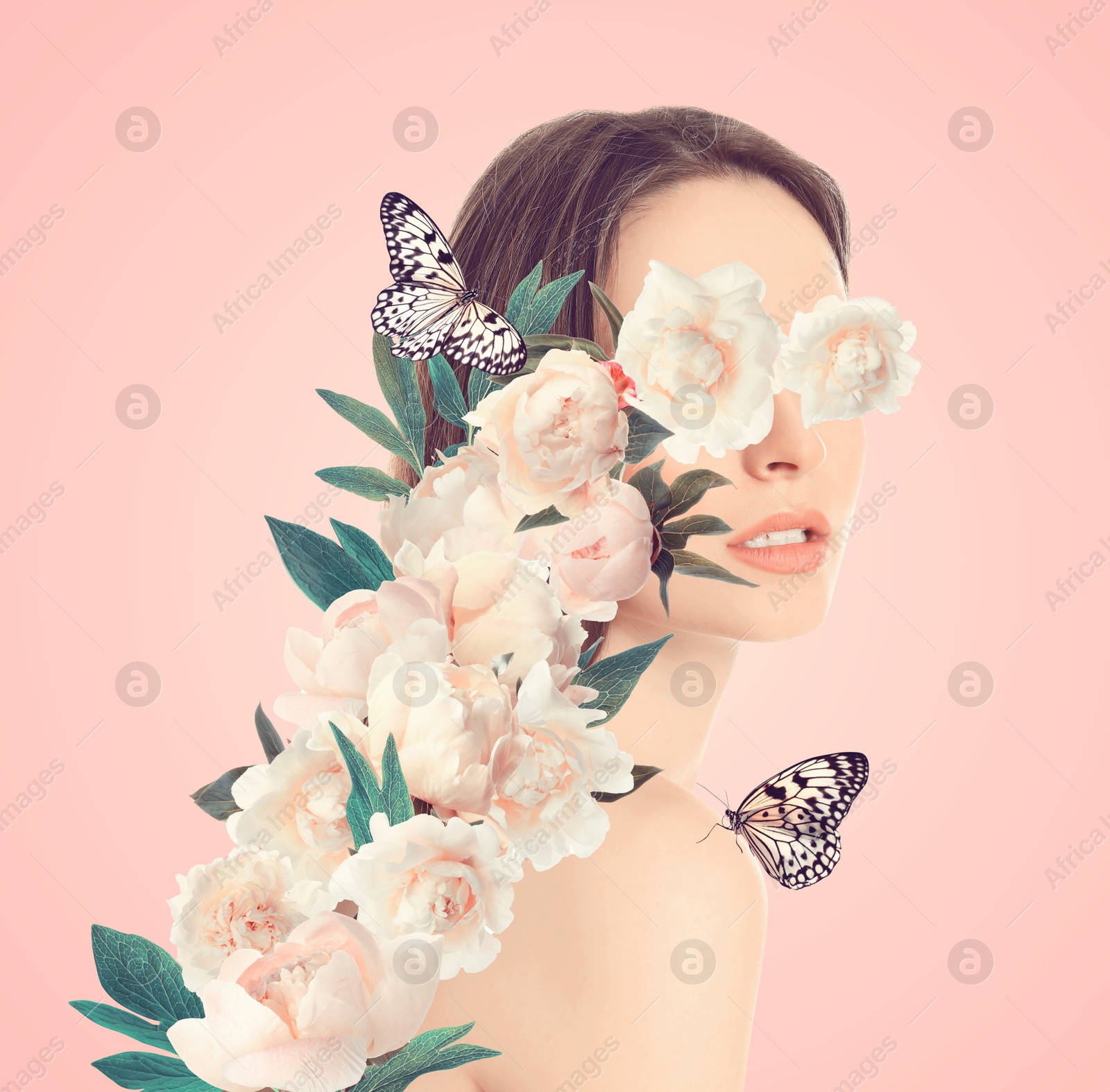 Image of Art collage with woman, butterflies and peony flowers on beige background