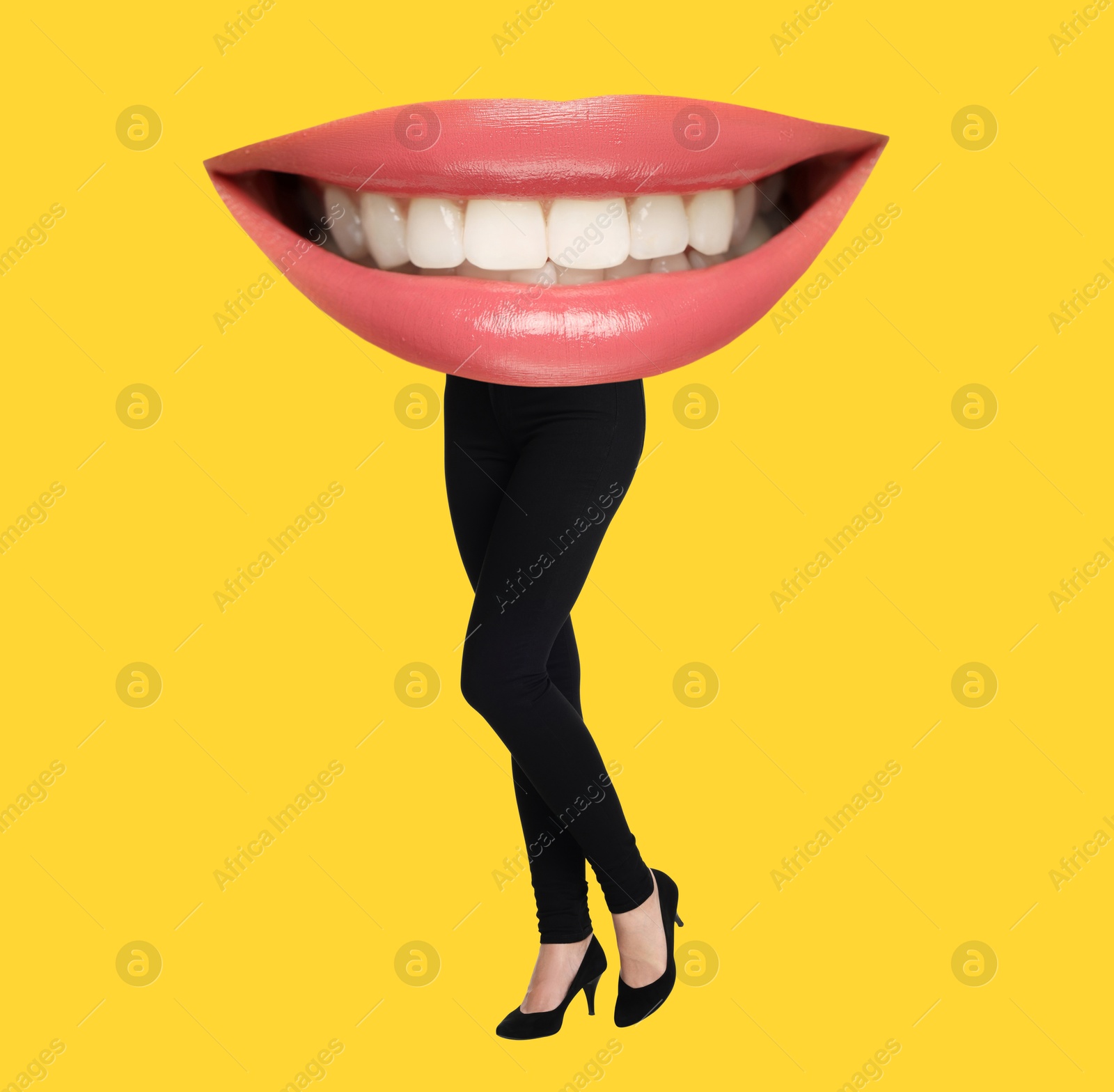 Image of Woman with lips instead of head on yellow background. Stylish art collage