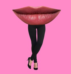 Woman with lips instead of head on pink background. Stylish art collage