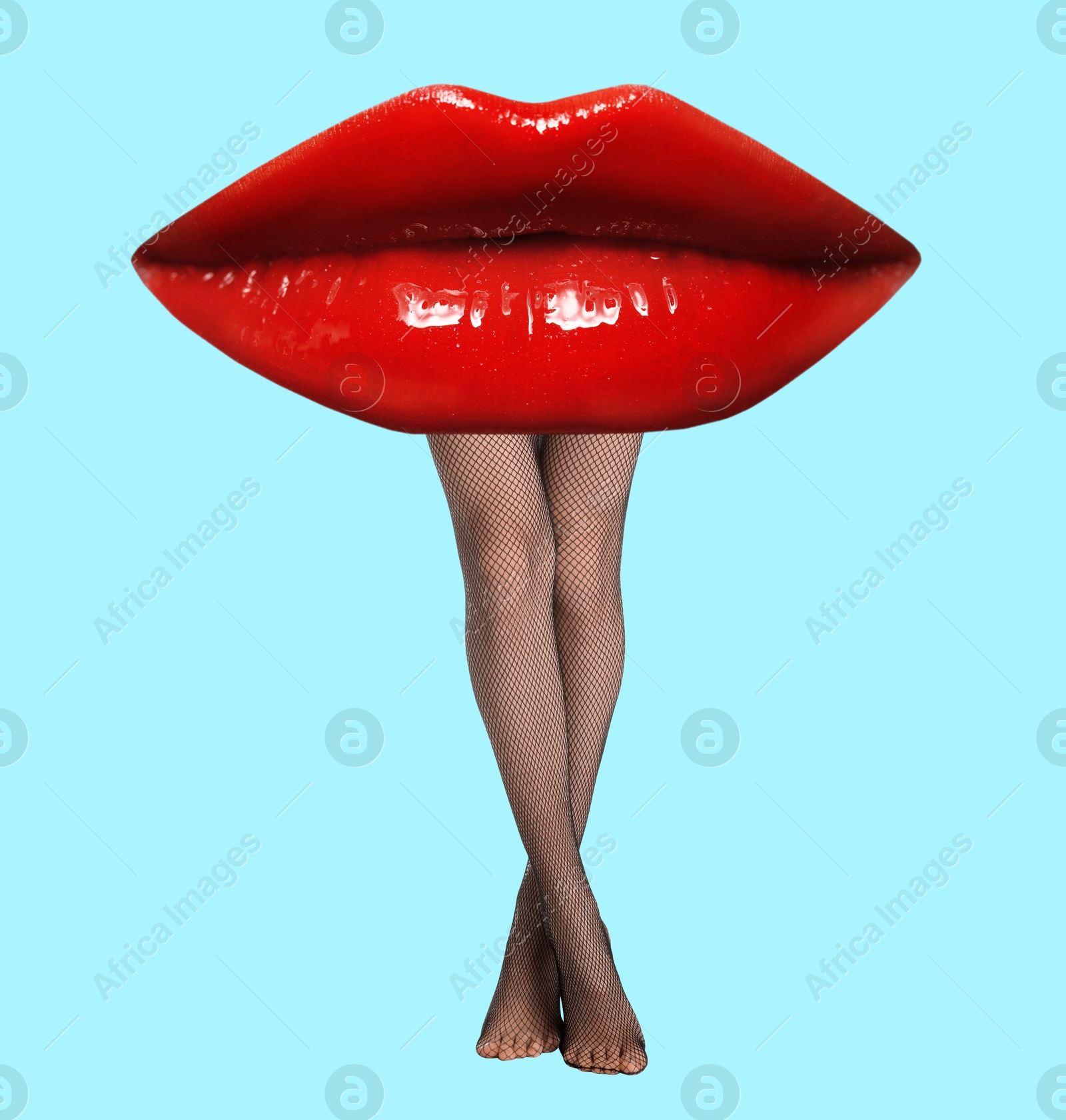 Image of Woman with lips instead of head on light blue background. Stylish art collage