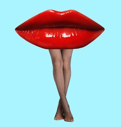 Woman with lips instead of head on light blue background. Stylish art collage