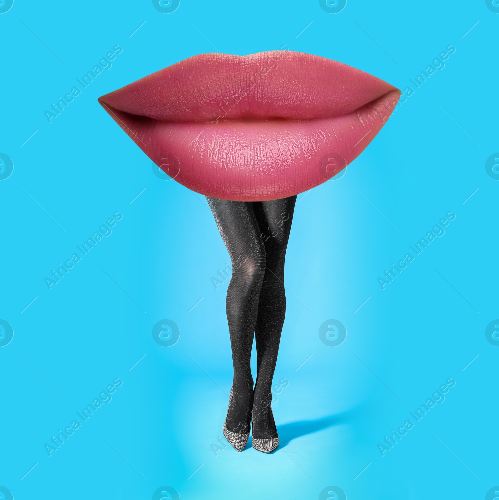 Image of Woman with lips instead of head on light blue background. Stylish art collage