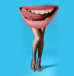 Image of Woman with lips instead of head on light blue background. Stylish art collage