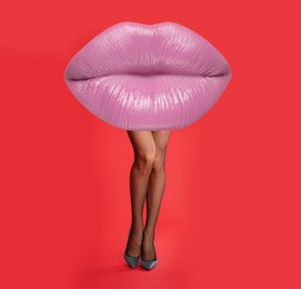Woman with lips instead of head on red background. Stylish art collage