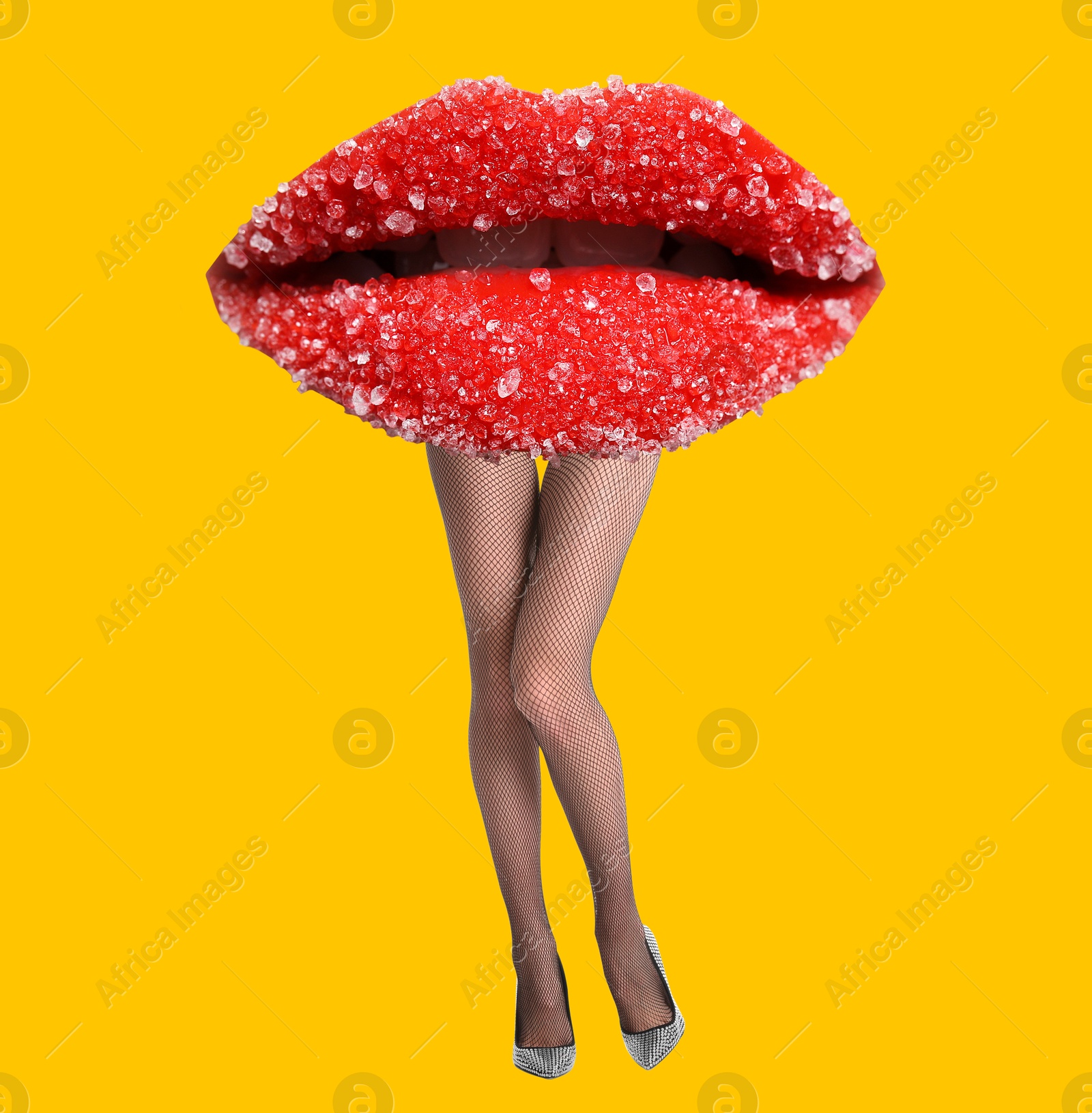 Image of Woman with lips instead of head on orange background. Stylish art collage