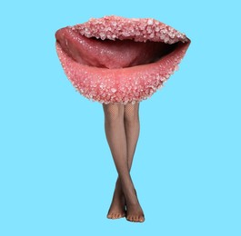 Woman with lips instead of head on light blue background. Stylish art collage