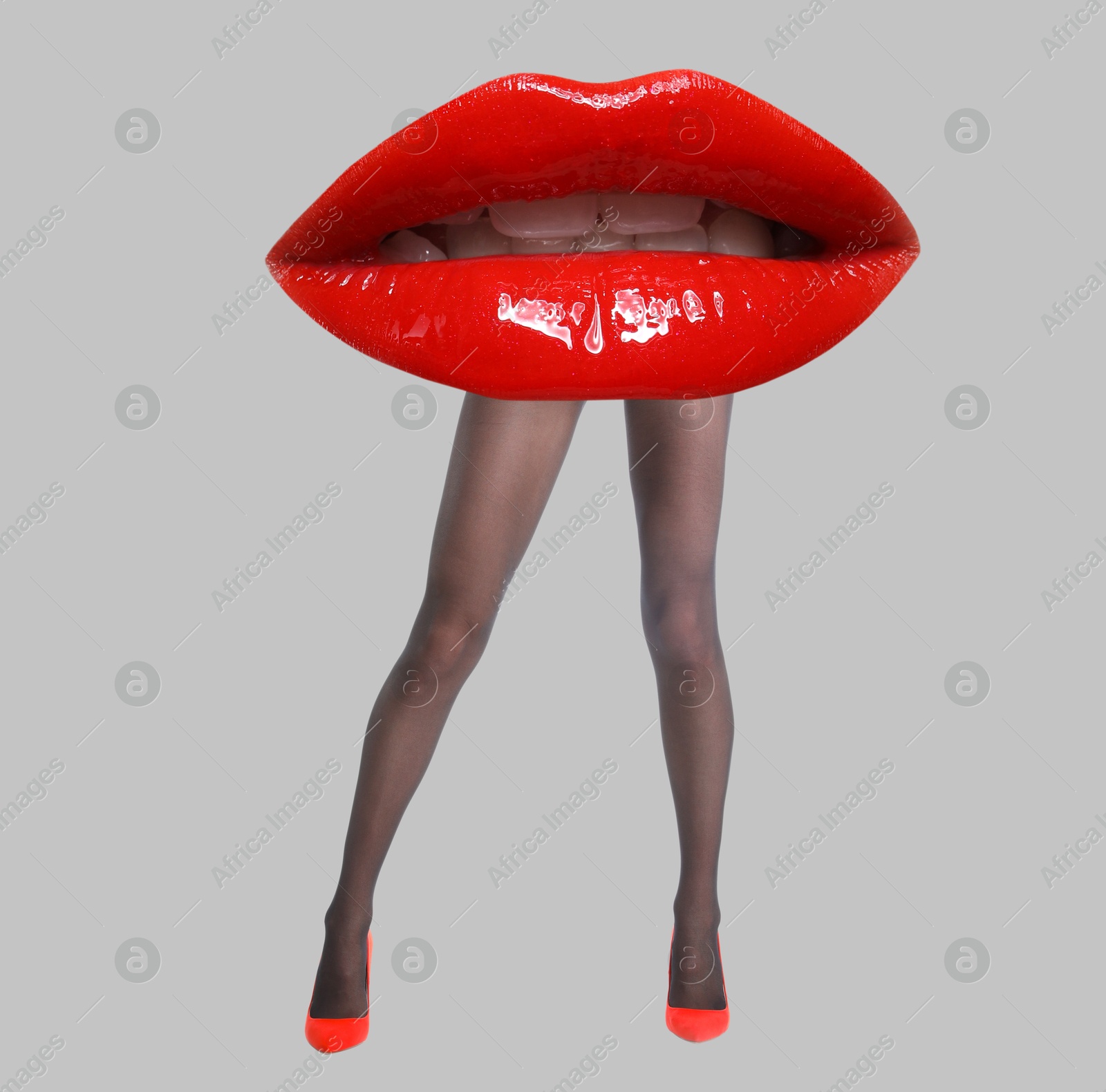 Image of Woman with lips instead of head on light grey background. Stylish art collage