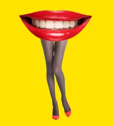 Image of Woman with lips instead of head on yellow background. Stylish art collage
