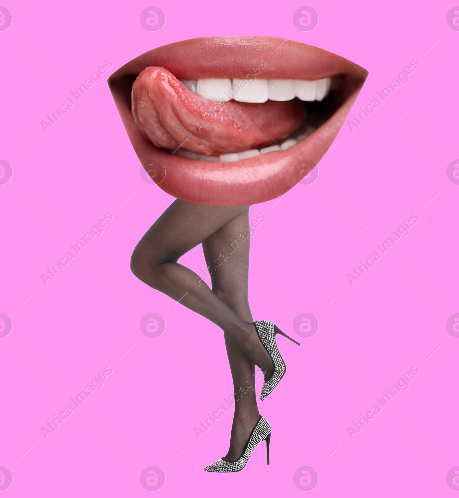 Image of Woman with lips instead of head on violet background. Stylish art collage