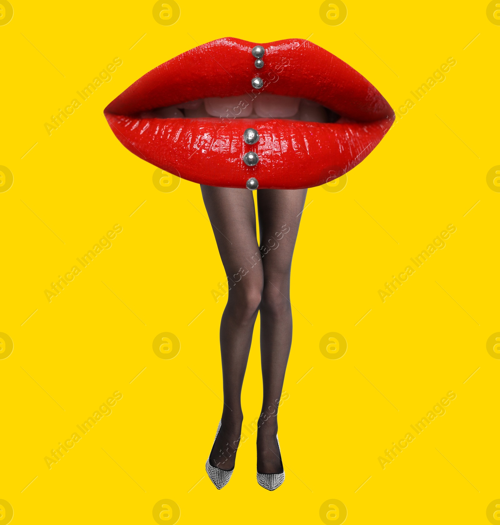 Image of Woman with lips instead of head on yellow background. Stylish art collage