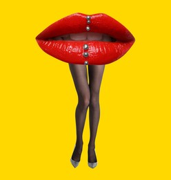 Woman with lips instead of head on yellow background. Stylish art collage