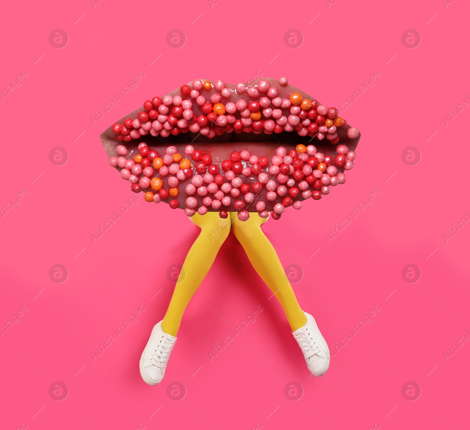 Image of Woman with lips instead of head on pink background. Stylish art collage