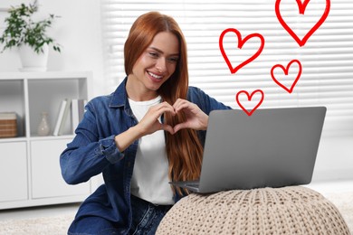 Image of Long distance relationship. Young woman having video chat with her loved one indoors. Red hearts near her