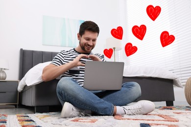 Long distance relationship. Man having video chat with his loved one indoors. Red hearts near him