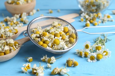 Photo of Dry and fresh chamomile flowers on light blue wooden table