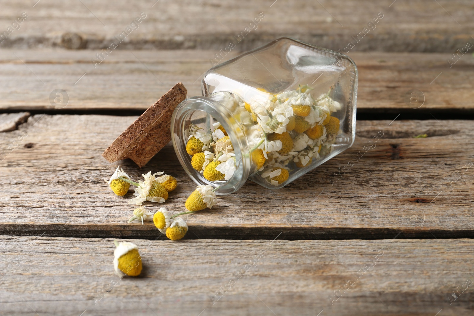 Photo of Chamomile flowers in glass jar on wooden table