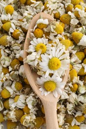 Photo of Wooden spoon on fresh and dry chamomile flowers, top view