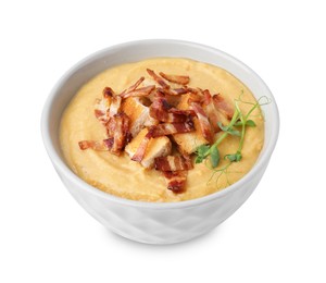 Photo of Delicious lentil soup with bacon and croutons isolated on white