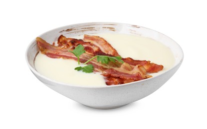 Photo of Delicious potato soup with bacon and parsley isolated on white