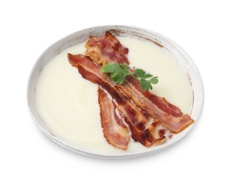 Photo of Delicious potato soup with bacon and parsley isolated on white