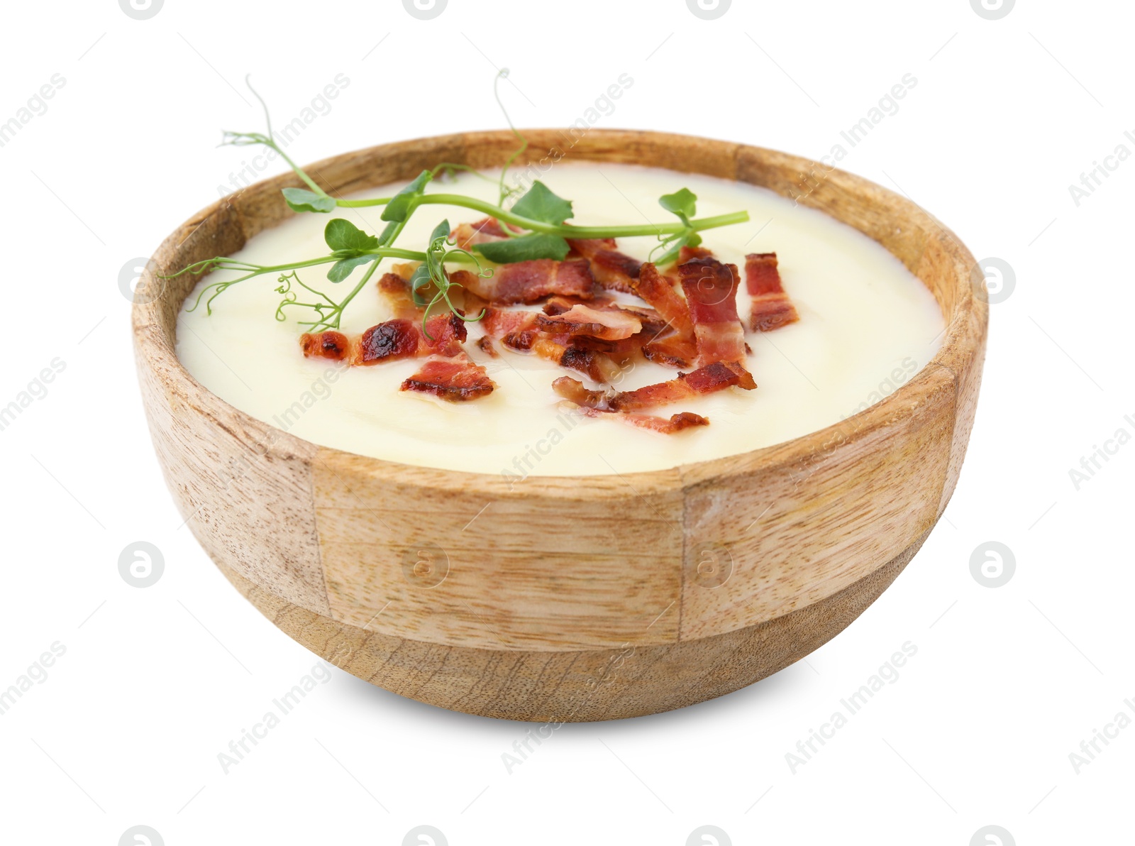 Photo of Delicious potato soup with bacon and microgreens in bowl isolated on white