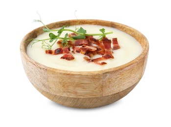 Photo of Delicious potato soup with bacon and microgreens in bowl isolated on white