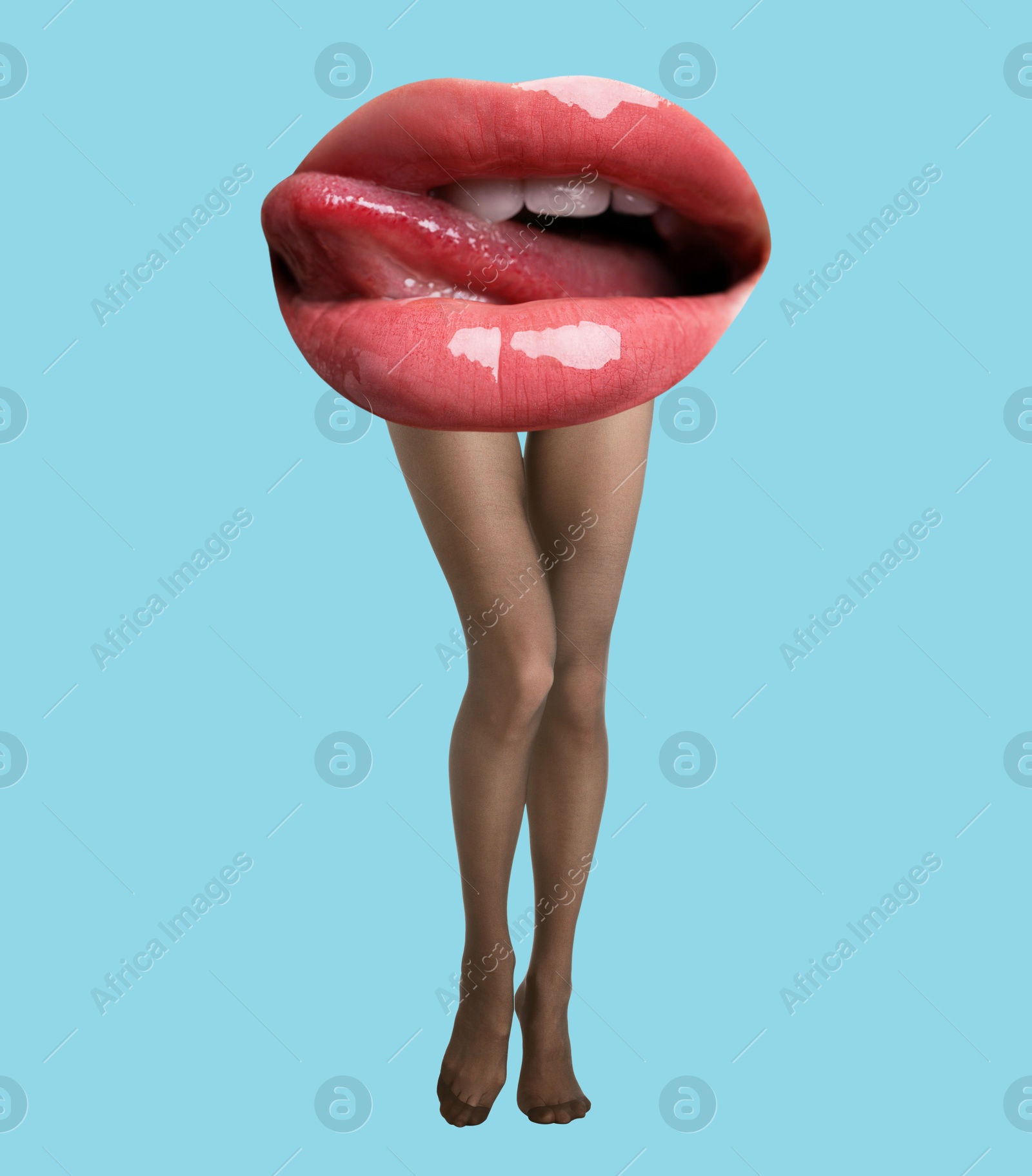 Image of Woman with lips instead of head on light blue background. Stylish art collage