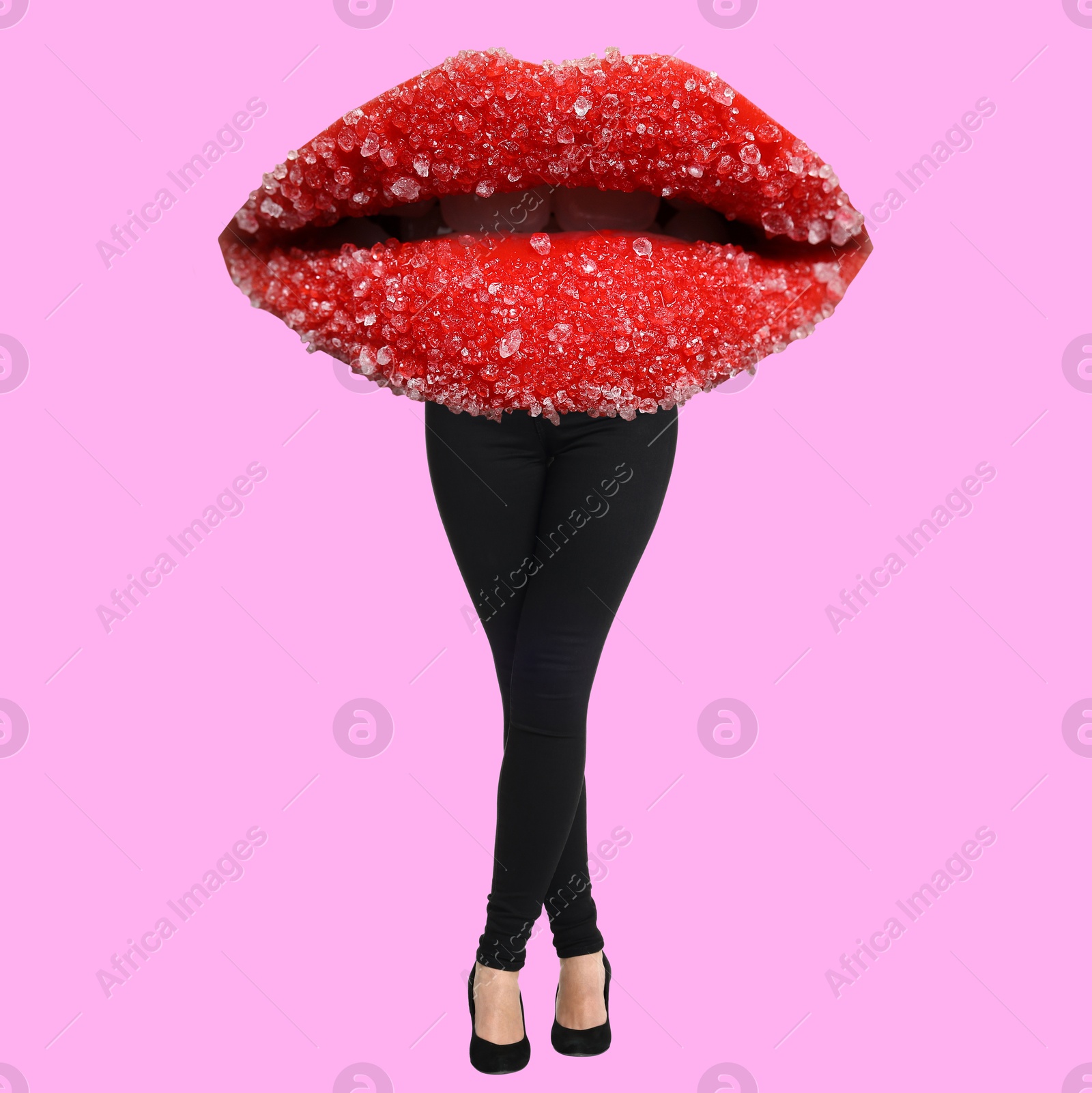 Image of Woman with lips instead of head on violet background. Stylish art collage