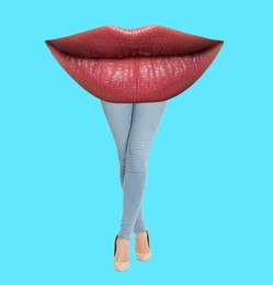 Image of Woman with lips instead of head on light blue background. Stylish art collage