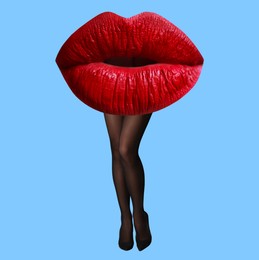 Image of Woman with lips instead of head on light blue background. Stylish art collage