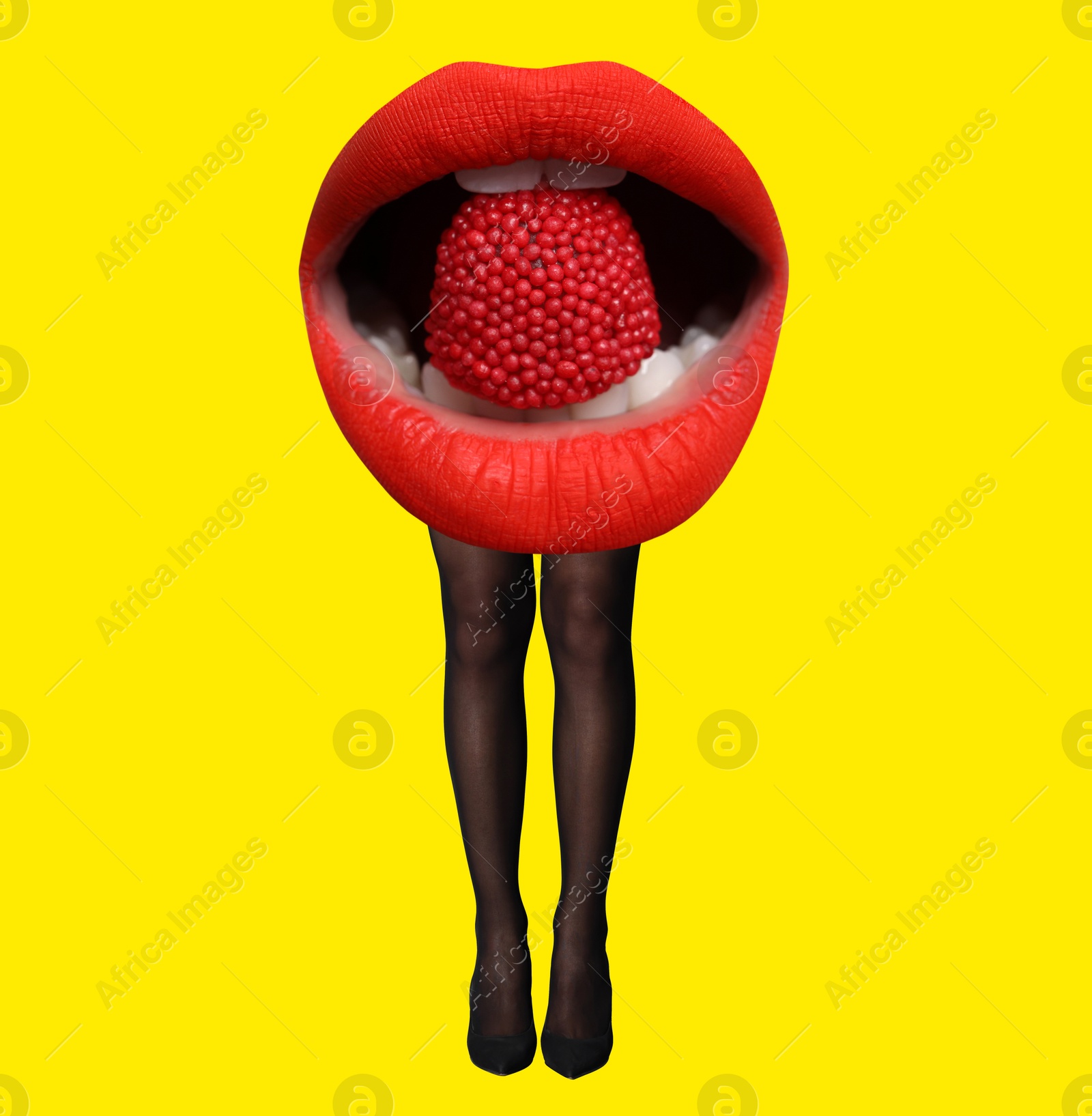 Image of Woman with lips instead of head on yellow background. Stylish art collage