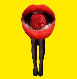 Woman with lips instead of head on yellow background. Stylish art collage