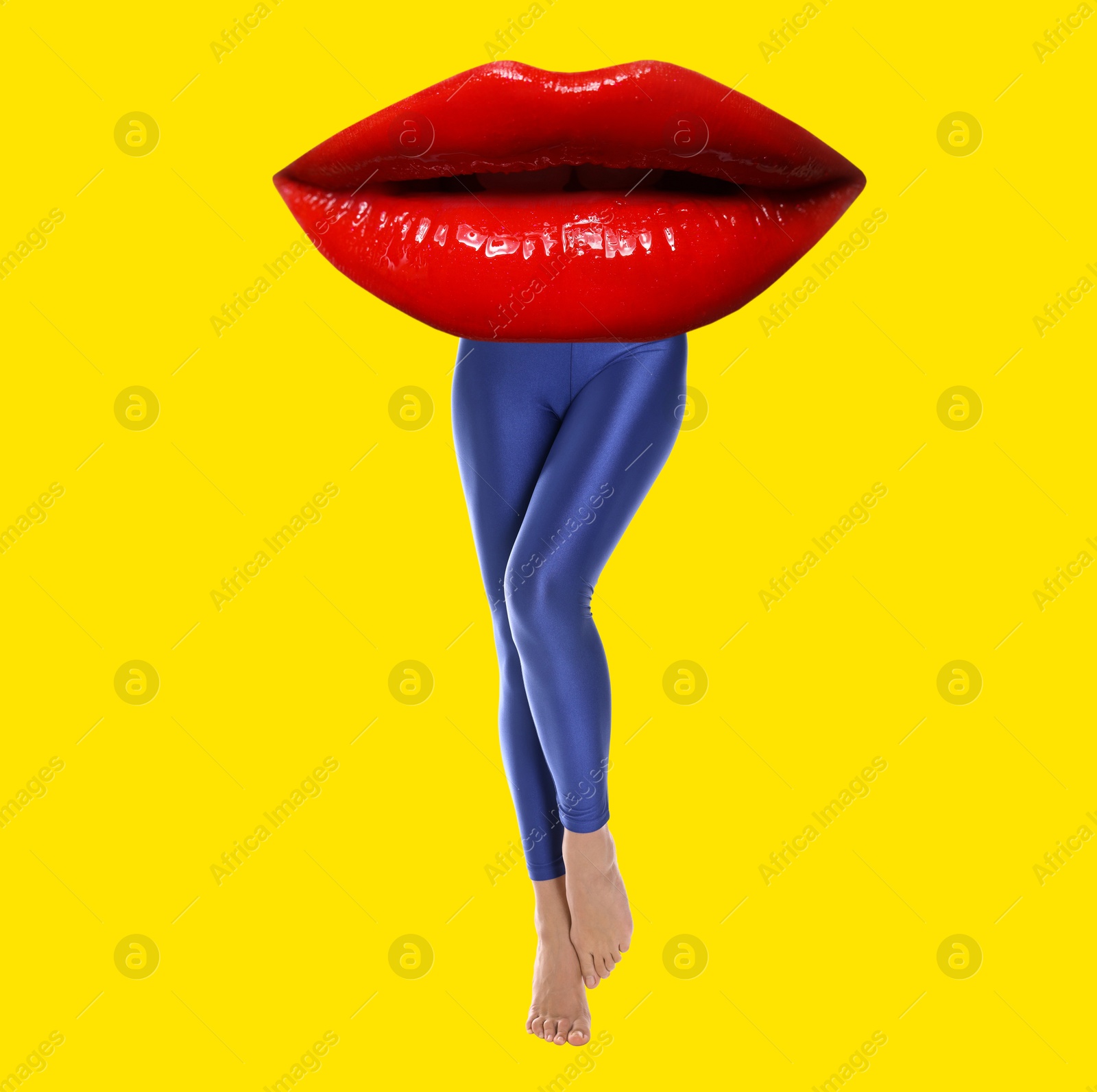 Image of Woman with lips instead of head on yellow background. Stylish art collage