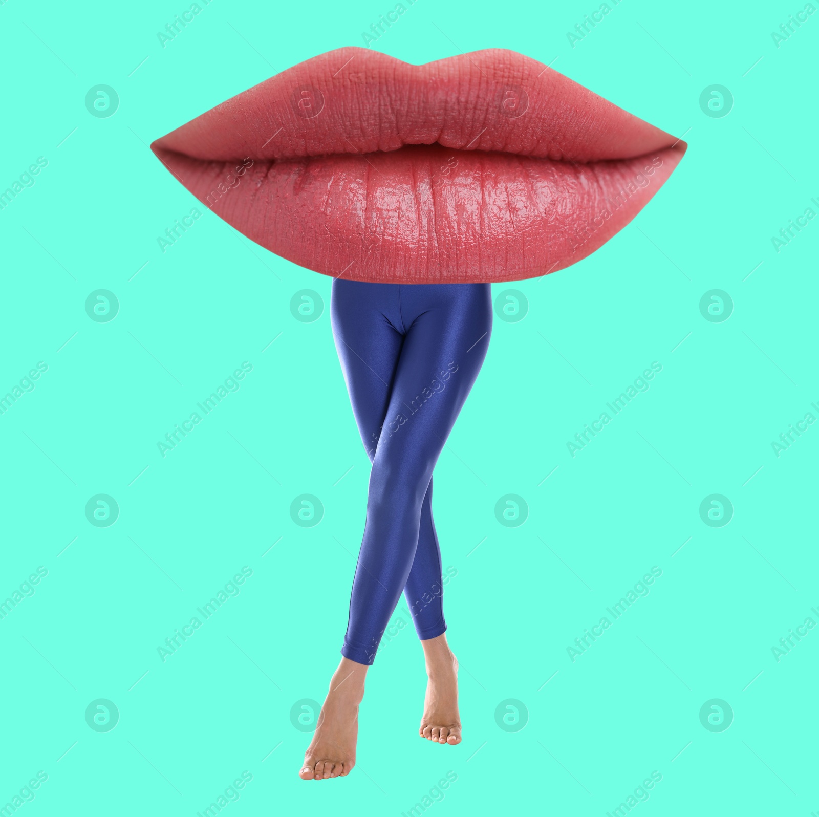 Image of Woman with lips instead of head on turquoise background. Stylish art collage