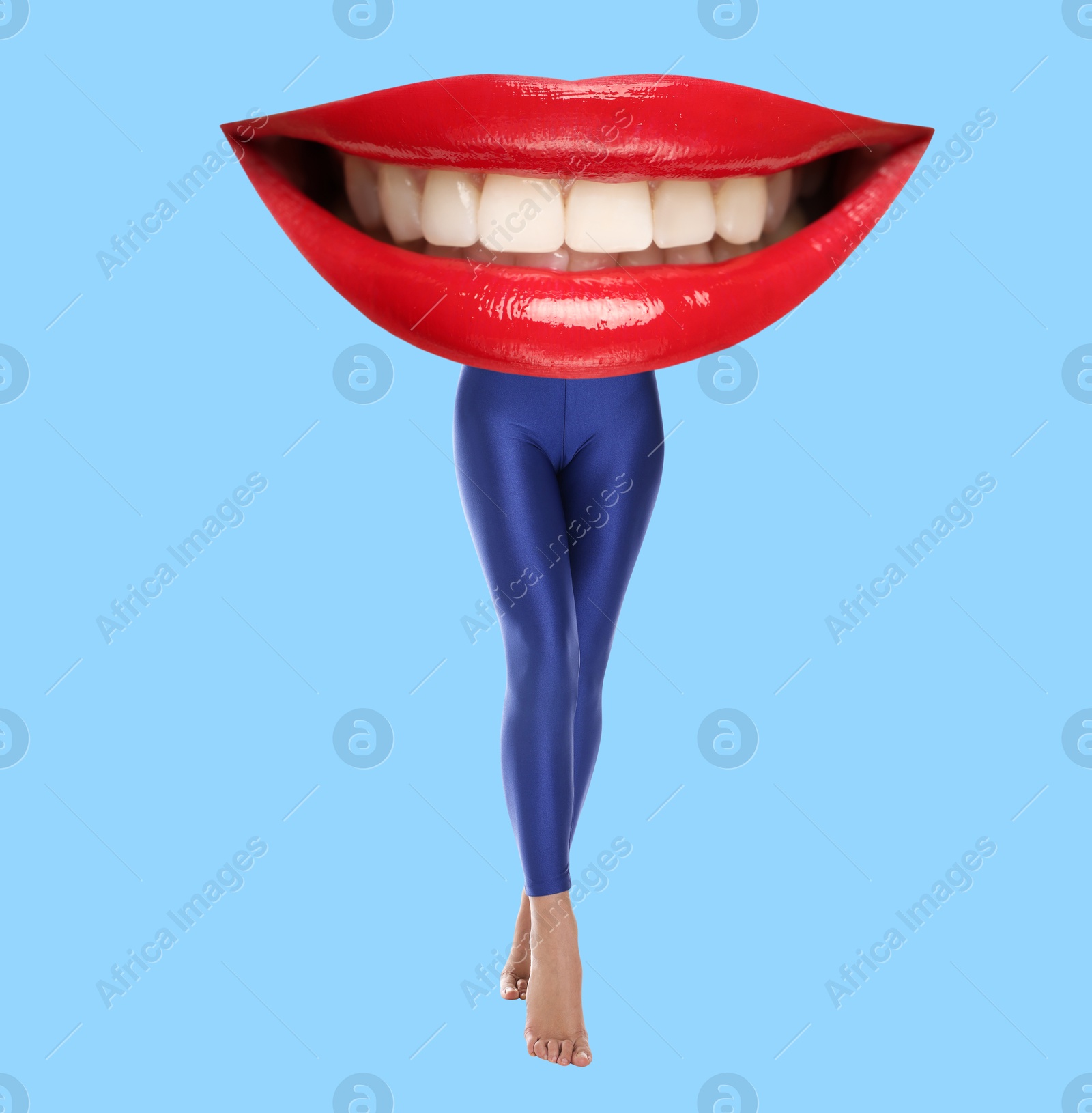 Image of Woman with lips instead of head on light blue background. Stylish art collage