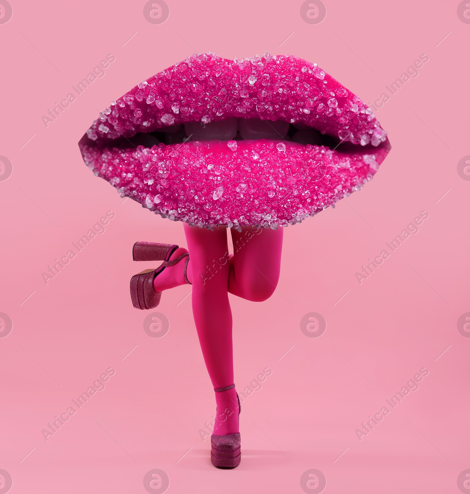 Image of Woman with lips instead of head on pink background. Stylish art collage
