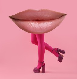 Image of Woman with lips instead of head on pink background. Stylish art collage