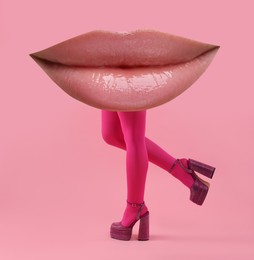 Woman with lips instead of head on pink background. Stylish art collage