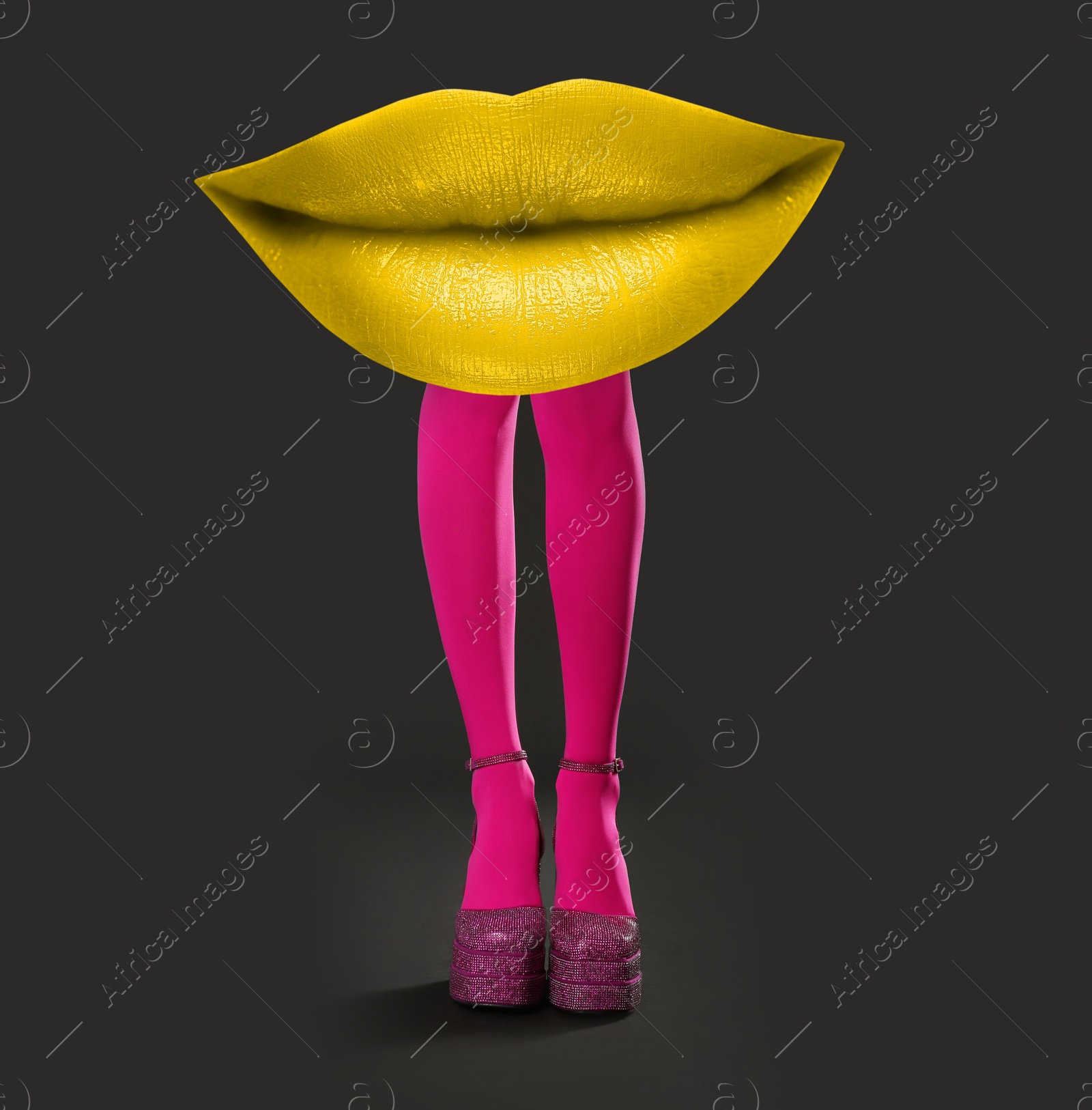 Image of Woman with lips instead of head on dark grey background. Stylish art collage