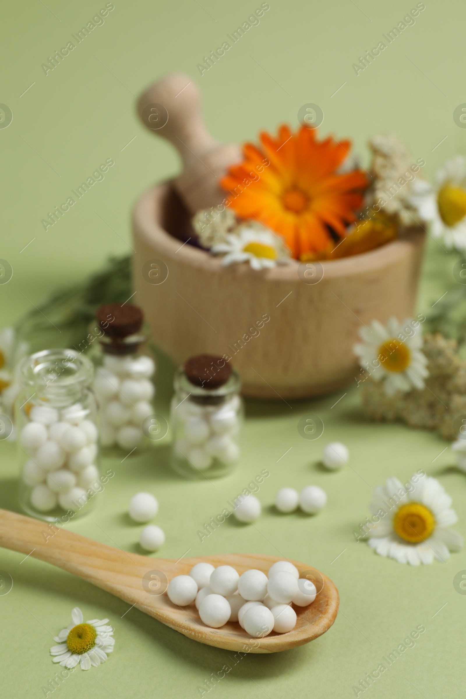 Photo of Homeopathic remedy, mortar and flowers on light green background, selective focus